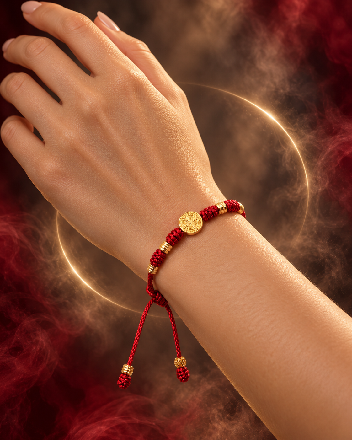 Representación simbólica de protección espiritual: pulsera roja con medalla de San Benito en una muñeca rodeada de luz dorada